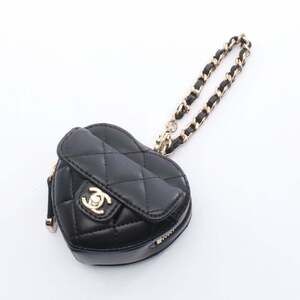 CHANEL Matelasse Mini Heart Charm Accessory, Lambskin Leather, Women's, Black...